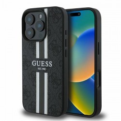 Guess iPhone 16 Pro Hülle Case MagSafe 4G Printed Stripes Schwarz