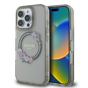 Guess iPhone 16 Pro Hülle Case MagSafe Ring Blumen Schwarz