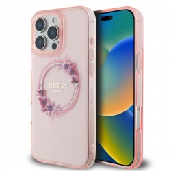 Guess iPhone 16 Pro Case MagSafe Ring Flowers Pink