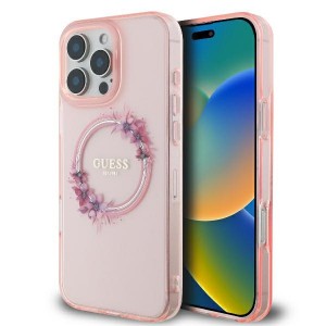 Guess iPhone 16 Pro Hülle Case MagSafe Ring Blumen Rosa Pink