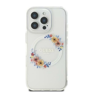 Guess iPhone 16 Case MagSafe Ring Flowers Transparent