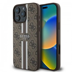 Guess iPhone 16 Pro Hülle Case MagSafe 4G Stripes Braun