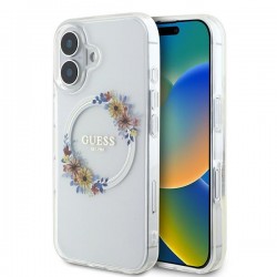 Guess iPhone 16 Plus Hülle Case MagSafe Ring Blumen Transparent