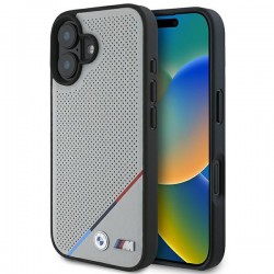 BMW iPhone 16 Hülle Case MagSafe M Perforated Tricolor Grau