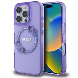 Guess iPhone 16 Pro Case MagSafe Ring Flowers Purple