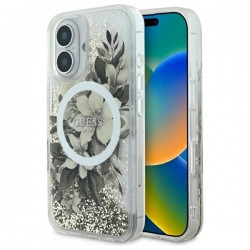 Guess iPhone 16 Case Liquid Glitter Flower MagSafe Beige