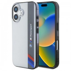 BMW iPhone 16 Plus Hülle Case Motosport Vertical Stripe Grau