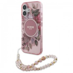 Guess iPhone 16 Plus Hülle Case Flowers Strap MagSafe Rosa