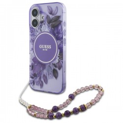 Guess iPhone 16 Hülle Case Flowers Strap MagSafe Violett