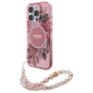 Guess iPhone 16 Pro Case Flowers Strap MagSafe Pink