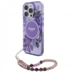 Guess iPhone 16 Pro Hülle Case Flowers Strap MagSafe Violett