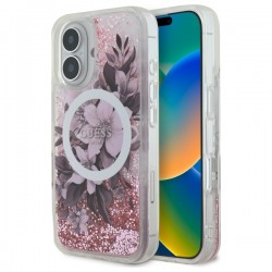 Guess iPhone 16 Hülle Case Liquid Glitter Flower MagSafe Rosa