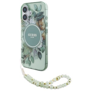 Guess iPhone 16 Plus Hülle Case Flowers Strap MagSafe Grün