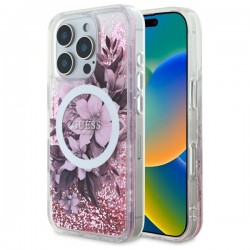 Guess iPhone 16 Pro Case Liquid Glitter Flower MagSafe Pink