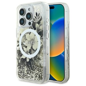 Guess iPhone 16 Pro Case Liquid Glitter Flower MagSafe Beige