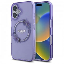 Guess iPhone 16 Case MagSafe Ring Flowers Purple