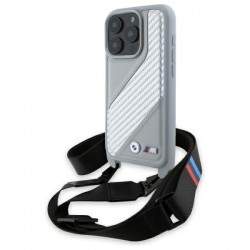 BMW iPhone 16 Pro Hülle Case M Carbon Stripe Trageband Grau