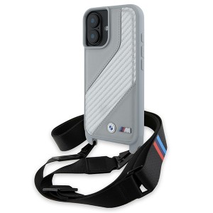 BMW iPhone 16 Hülle Case M Carbon Stripe Trageband Grau