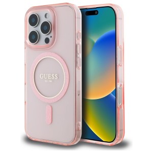 Guess iPhone 16 Pro Case MagSafe IML Glitter Circle Pink