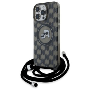 Karl Lagerfeld iPhone 16 Pro Hülle Case Magsafe Cord Strap Schwarz