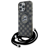 Karl Lagerfeld iPhone 16 Pro Max Hülle Case Magsafe Cord Strap Schwarz