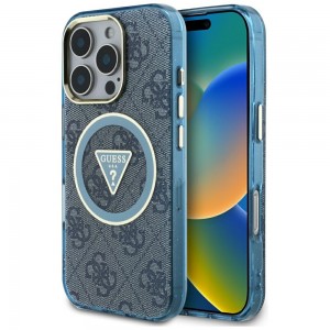 Guess iPhone 16 Pro Max Hülle Case Metal Glitter 4G Circle MagSafe Blau