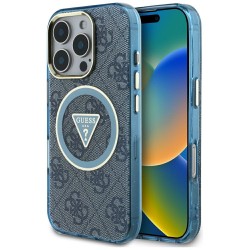 Guess iPhone 16 Pro Case Metal Glitter 4G Circle MagSafe Blue