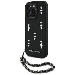 Karl Lagerfeld iPhone 16 Pro Hülle Case Saffiano Crystals Chain Schwarz