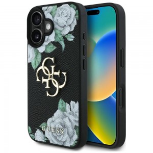 Guess iPhone 16 Hülle Case Grained Roses Big 4G Logo Schwarz