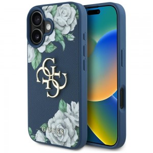 Guess iPhone 16 Hülle Case Grained Roses Big 4G Logo Blau