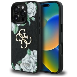 Guess iPhone 16 Pro Hülle Case Grained Roses Big 4G Logo Schwarz
