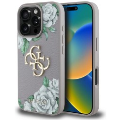 Guess iPhone 16 Pro Hülle Case Grained Roses Big 4G Logo Purple
