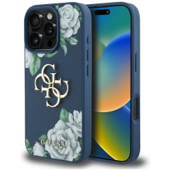 Guess iPhone 16 Pro Case Grained Roses Big 4G Logo Blue