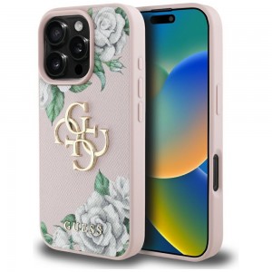 Guess iPhone 16 Pro Hülle Case Grained Roses Big 4G Logo Rosa