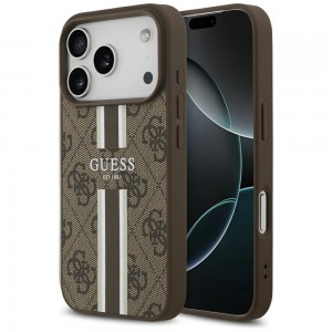 Guess iPhone 17 Pro Hülle Case 4G Printed Stripes MagSafe Braun