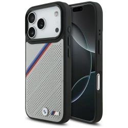 BMW iPhone 17 Pro Hülle Case MagSafe M Perforated Tricolor Grau