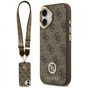 Guess iPhone 17 Hülle Crossbody MagSafe 4G Strass Metal Buttons Braun
