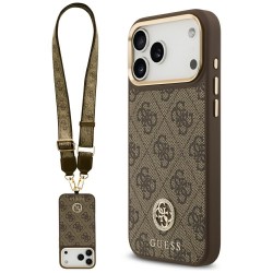 Guess iPhone 17 Pro Max Hülle Crossbody MagSafe 4G Strass Metal Buttons Braun