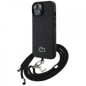 Lacoste iPhone 15 Hülle Case Iconic Petit Pique Crossbody Cord MagSafe Schwarz