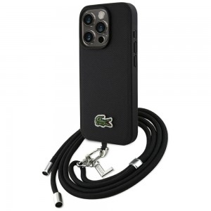 Lacoste iPhone 15 Pro Hülle Case Iconic Petit Pique Crossbody Cord MagSafe Schwarz
