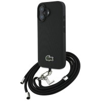 Lacoste iPhone 16 Hülle Case Iconic Petit Pique Crossbody Cord MagSafe Schwarz