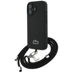 Lacoste iPhone 16 Hülle Case Iconic Petit Pique Crossbody Cord MagSafe Schwarz