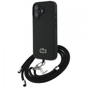 Lacoste iPhone 16 Plus Hülle Case Iconic Petit Pique Crossbody Cord MagSafe Schwarz