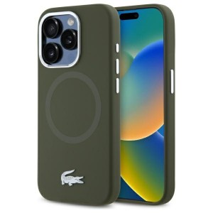 Lacoste iPhone 15 Pro Case, Silicone with Metal Croc and MagSafe Logo, Khaki