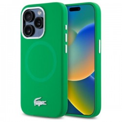 Lacoste iPhone 15 Pro Case, Silicone, Metal Croc, MagSafe, Green