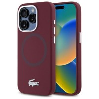 Lacoste iPhone 15 Pro Hülle Case Silikon Metall Croc MagSafe Bordeauxrot