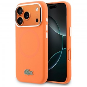 Lacoste iPhone 17 Pro Max Hülle Case Silikon Metal Logo Frame MagSafe Orange