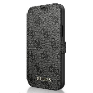 GUESS iPhone 12 Pro Max 6.7 Cell Phone Case PU Leather 4G Charms Gray GUFLBKSP12L4GG