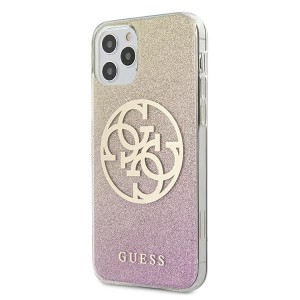 Guess iPhone 12 / 12 Pro 6,1 Hülle gold pink Glitter Gradient 4G Circle Logo