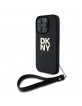 DKNY iPhone 16 Pro Max Case Leather Stack Logo Wrist Strap Black